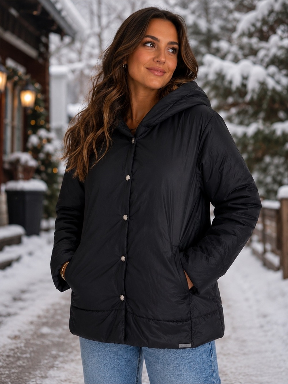 Vintage Guess Black Hooded Puffer Jacket Women’s Large Y2K Winter Coat